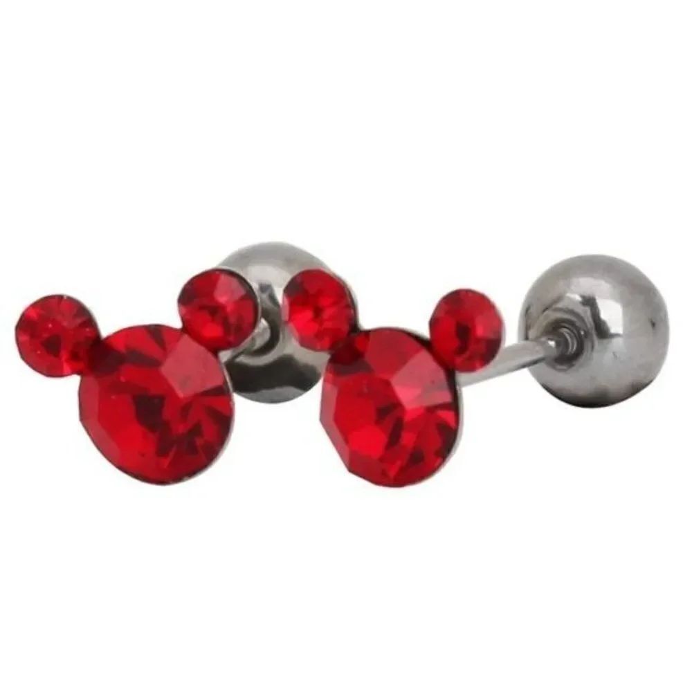 316L Stainless Steel & Ruby Red CZ Screwback Mickey Mouse 20g Earrings